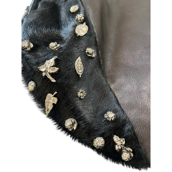 Berge NWOT Black Leather Calfhair Hobo Shoulder Bag Charms Rhinestone Italy New - Picture 2 of 7